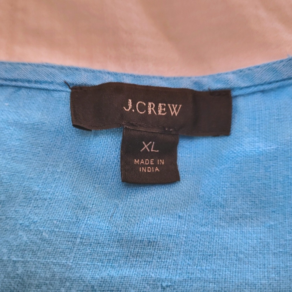 J. Crew Aqua Blue Red Embroidered 100% Linen Boho Peasant Hippie Tunic Blouse XL - Picture 7 of 10